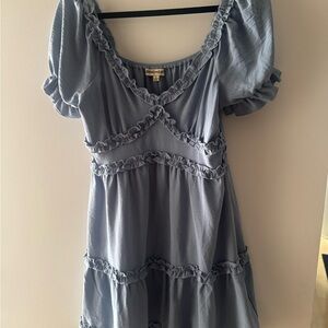 Short sleeve v neck cut Blue Ruffled Dress women